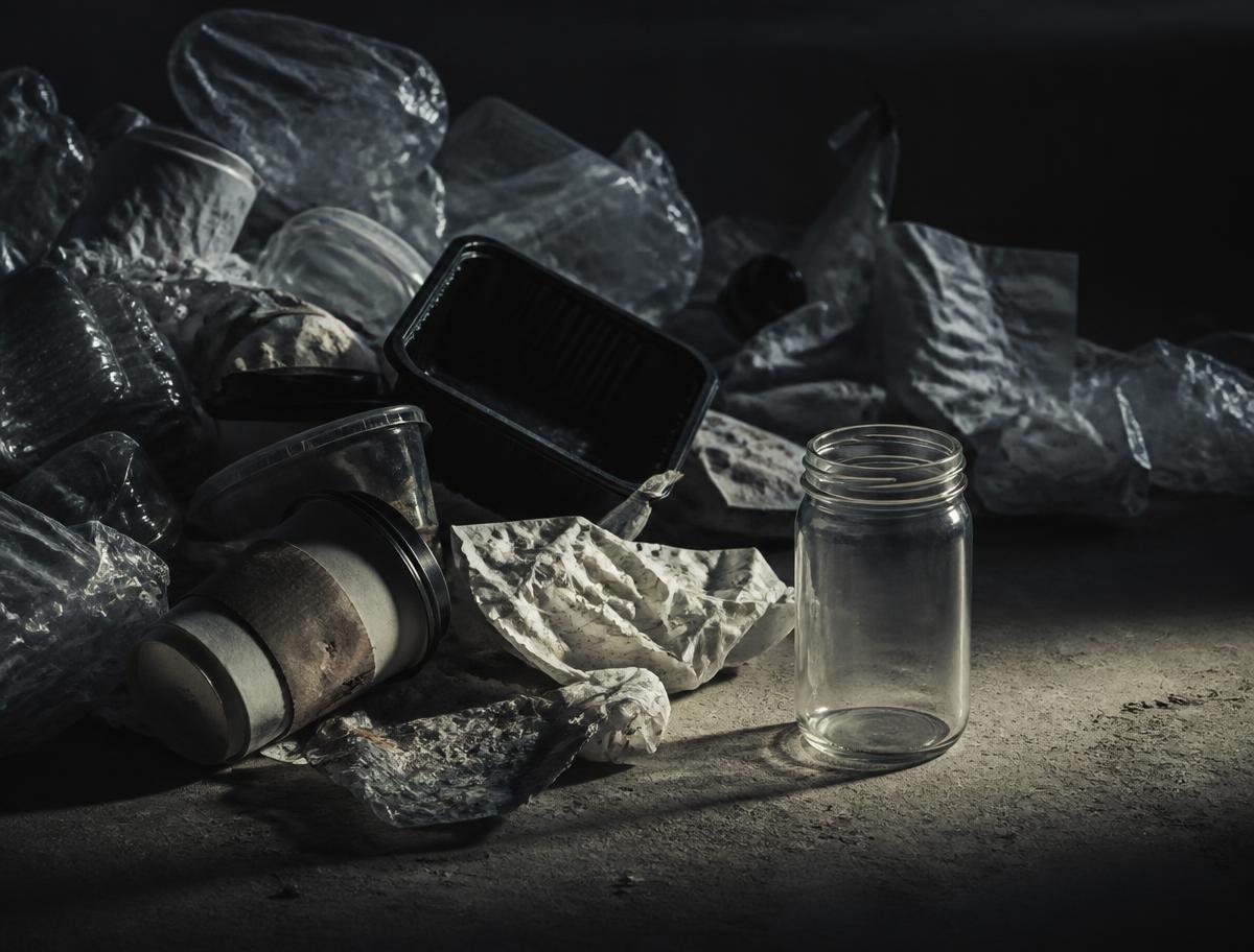 Berg aus Einwegverpackungen, To-Go-Bechern und Kassenbons im harten Licht, daneben ein leeres Glasgefäß